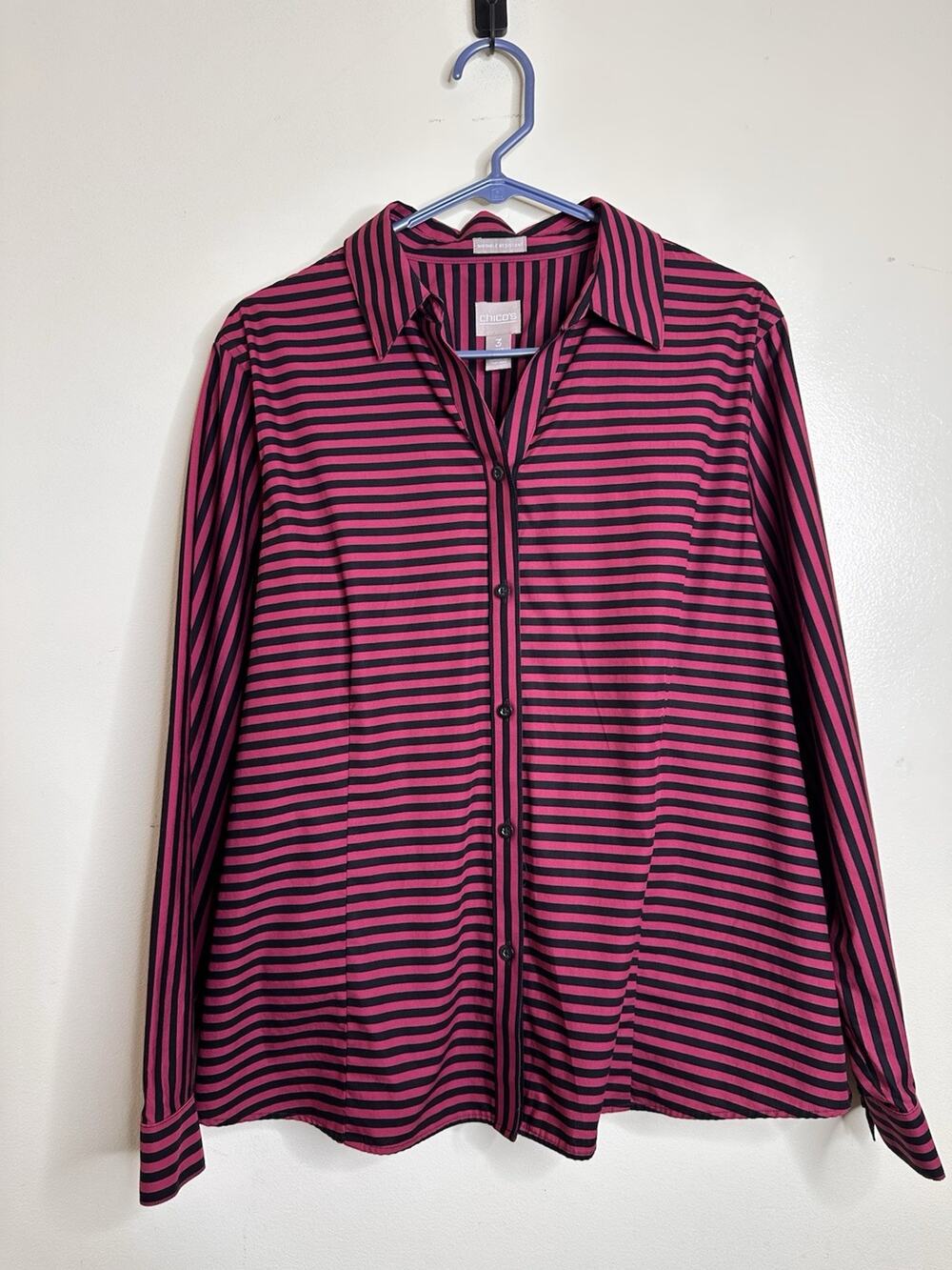 Chicos Sz 3 US 16 Pink Black Stripe Wrinkle Resistant Button Front Collar Shirt
